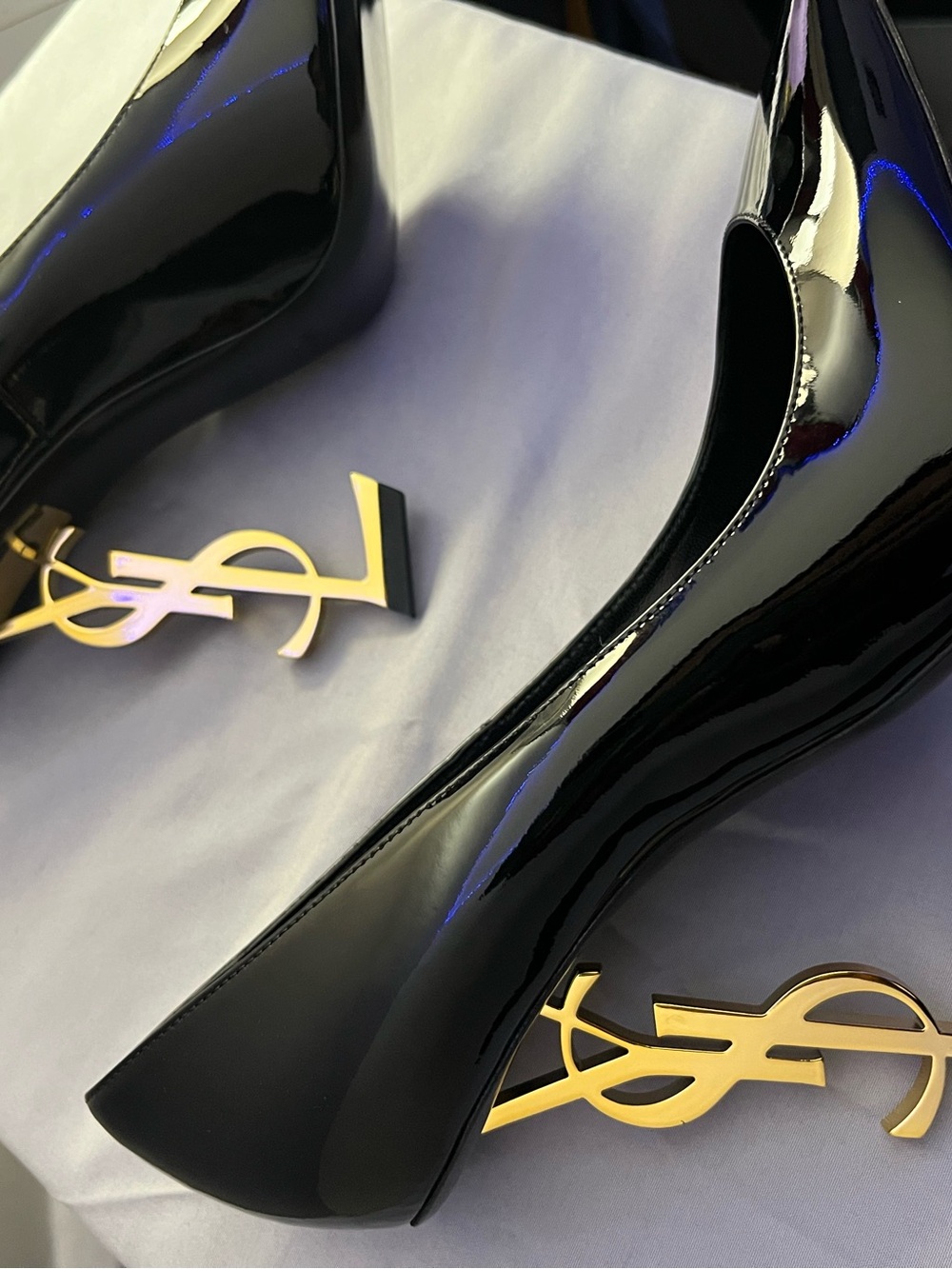 Yves Saint Laurent Black Patent Heel Pumps with Gold YSL Logo Heels